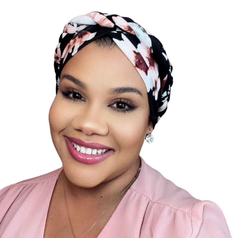 BLACK PINK FLORAL Braid Turban Satin-Lined Pre-tied Headwrap