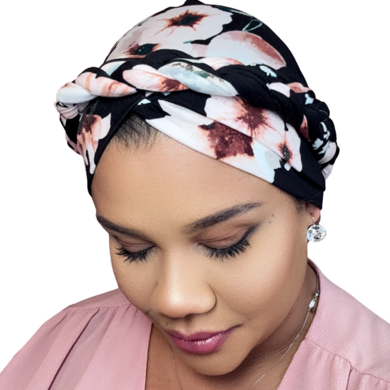 BLACK PINK FLORAL Braid Turban Satin-Lined Pre-tied Headwrap