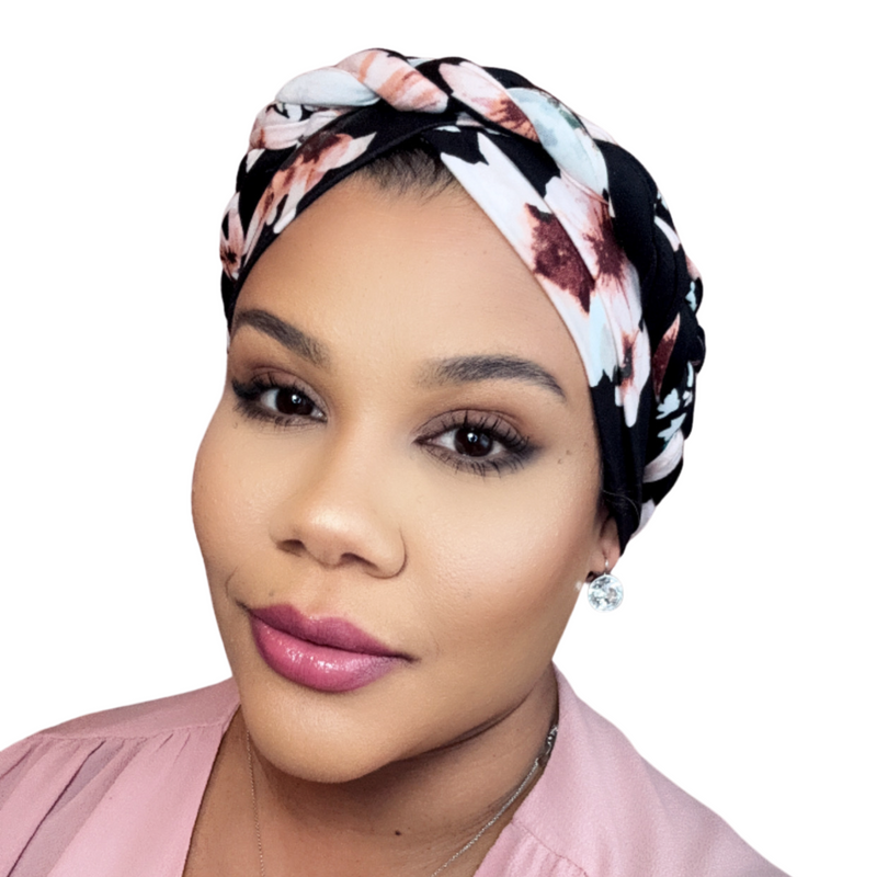 BLACK PINK FLORAL Braid Turban Satin-Lined Pre-tied Headwrap