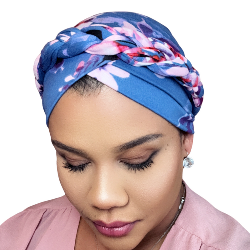BLUE PURPLE FLORAL Braid Turban Satin-Lined Pre-tied Headwrap