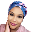 BLUE PURPLE FLORAL Braid Turban Satin-Lined Pre-tied Headwrap
