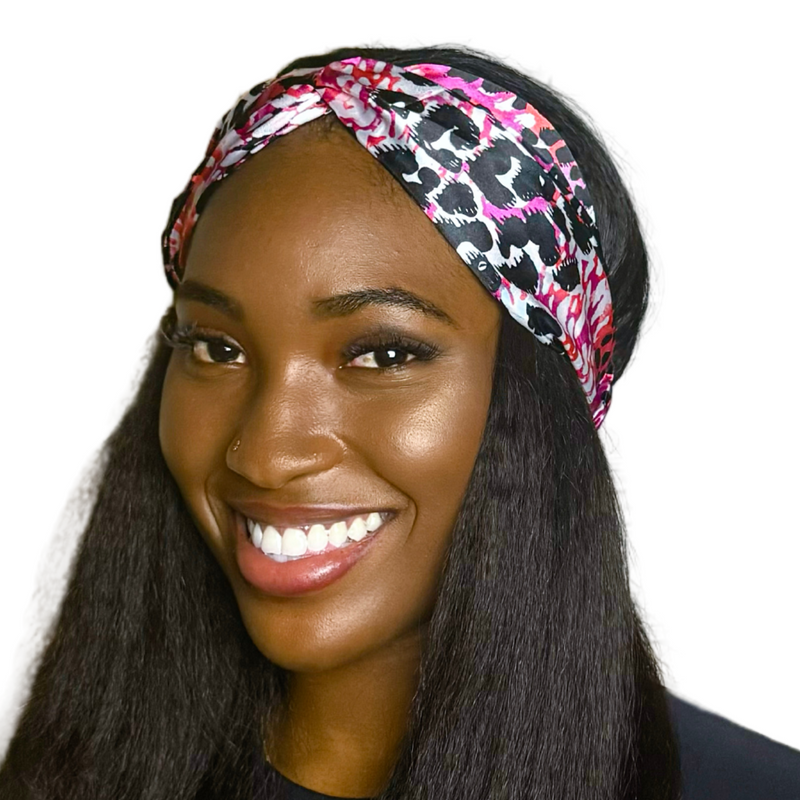 PINK LEOPARD Wide Satin Elasticated Back Headband