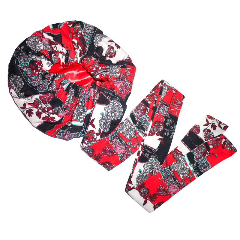 RED BLACK Satin-Lined Bonnet Head Wrap