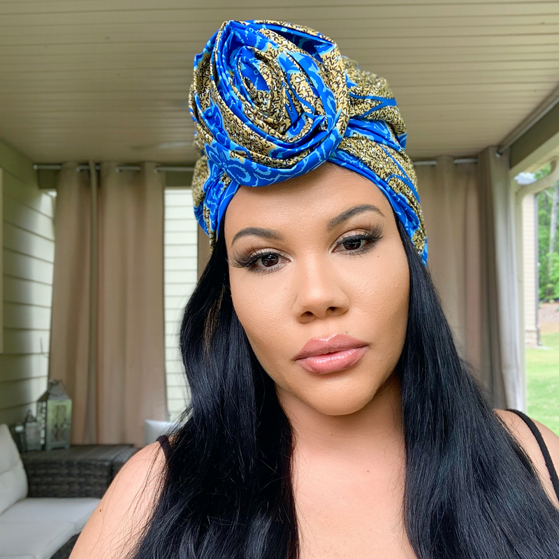 BLUE FLOWERS Rose Satin-Lined Pre-tied Headwrap