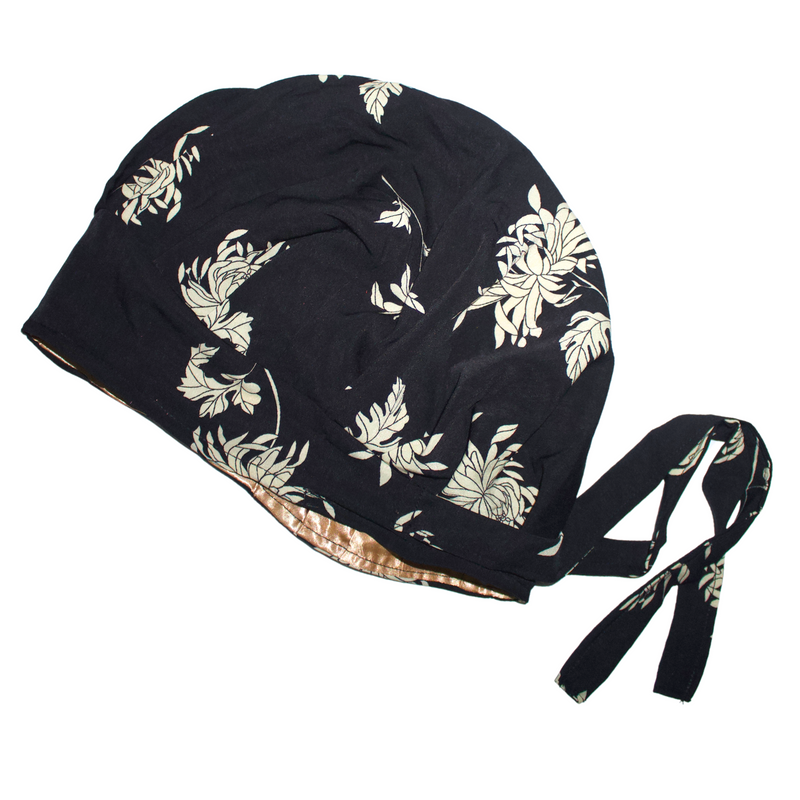 BLACK FLORAL Satin-Lined Chiffon Scrub Bonnet